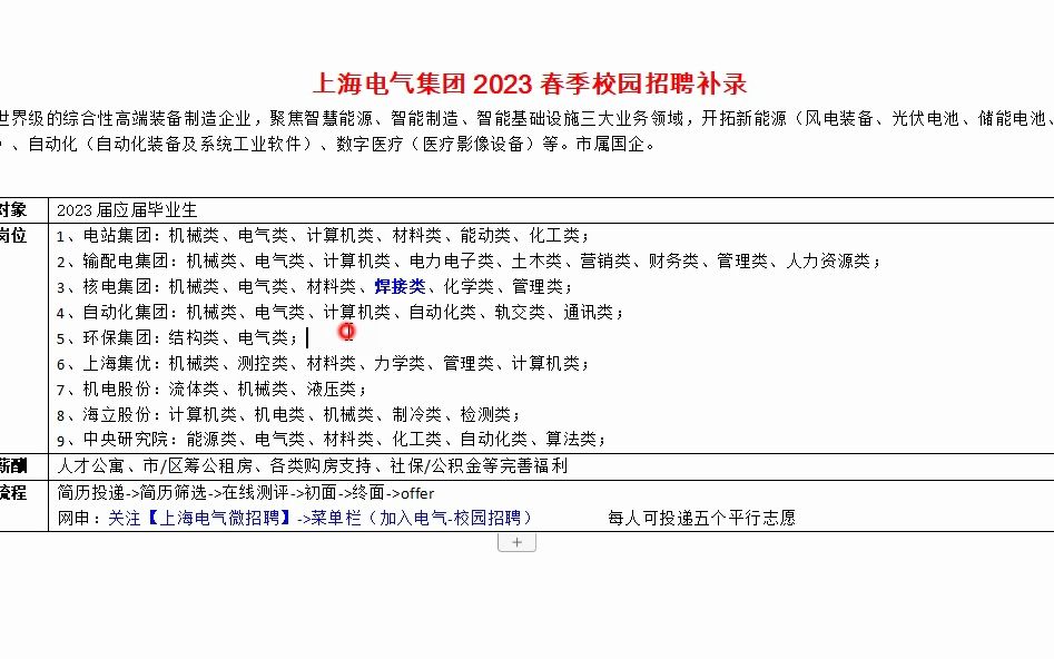 上海电气2023春季校园招聘补录进行中，市属国企