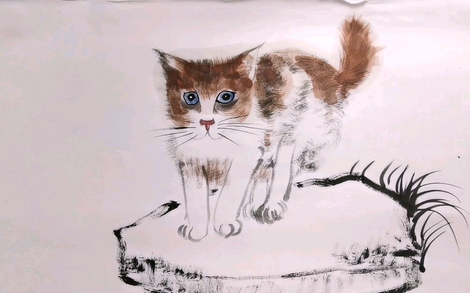 国画水墨动物图，蓝眼黄花猫-哔哩哔哩
