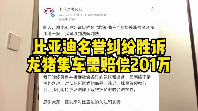 比亚迪名誉纠纷胜诉，龙猪集车需赔偿201万