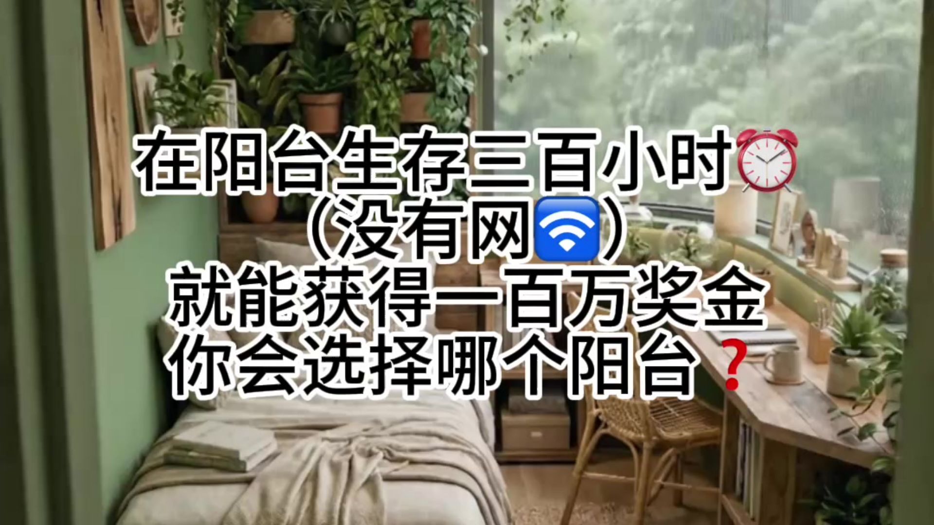 在阳台生存三百小时⏰ （没有网🛜） 就能获得一百万奖金 你会选择哪个阳台❓