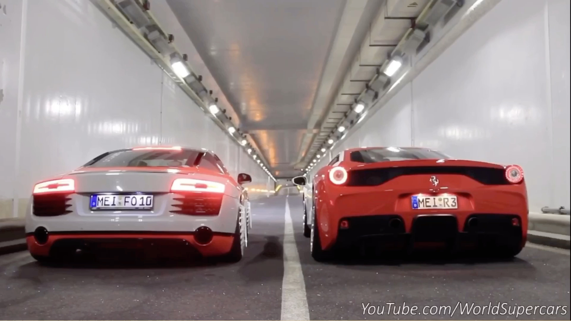 法拉利458和奥迪R8在隧道里的声浪对比