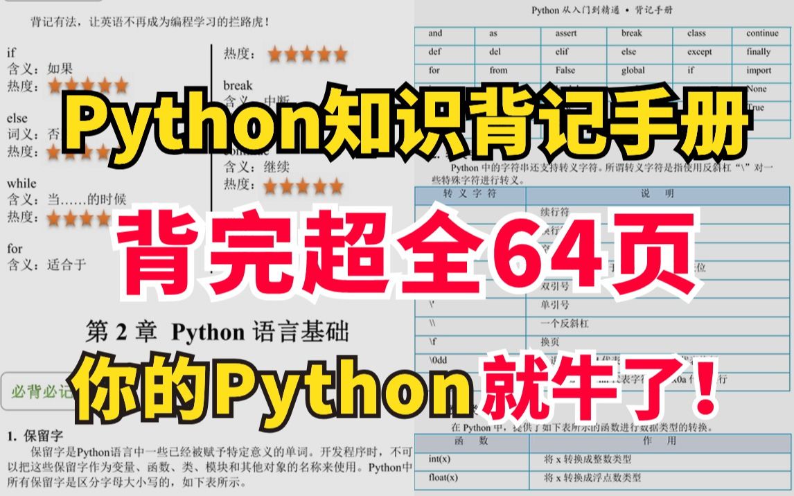 Python背记手册】强烈建议！所有Python基础差的同学，死磕这本64页的背记手册！！