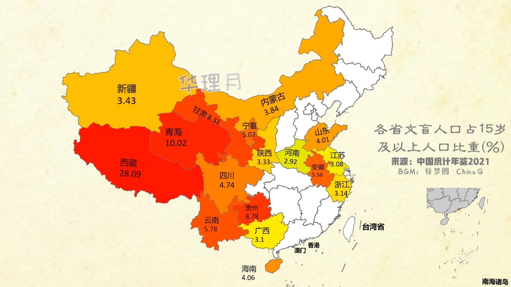 我国各省文盲人口比例排名