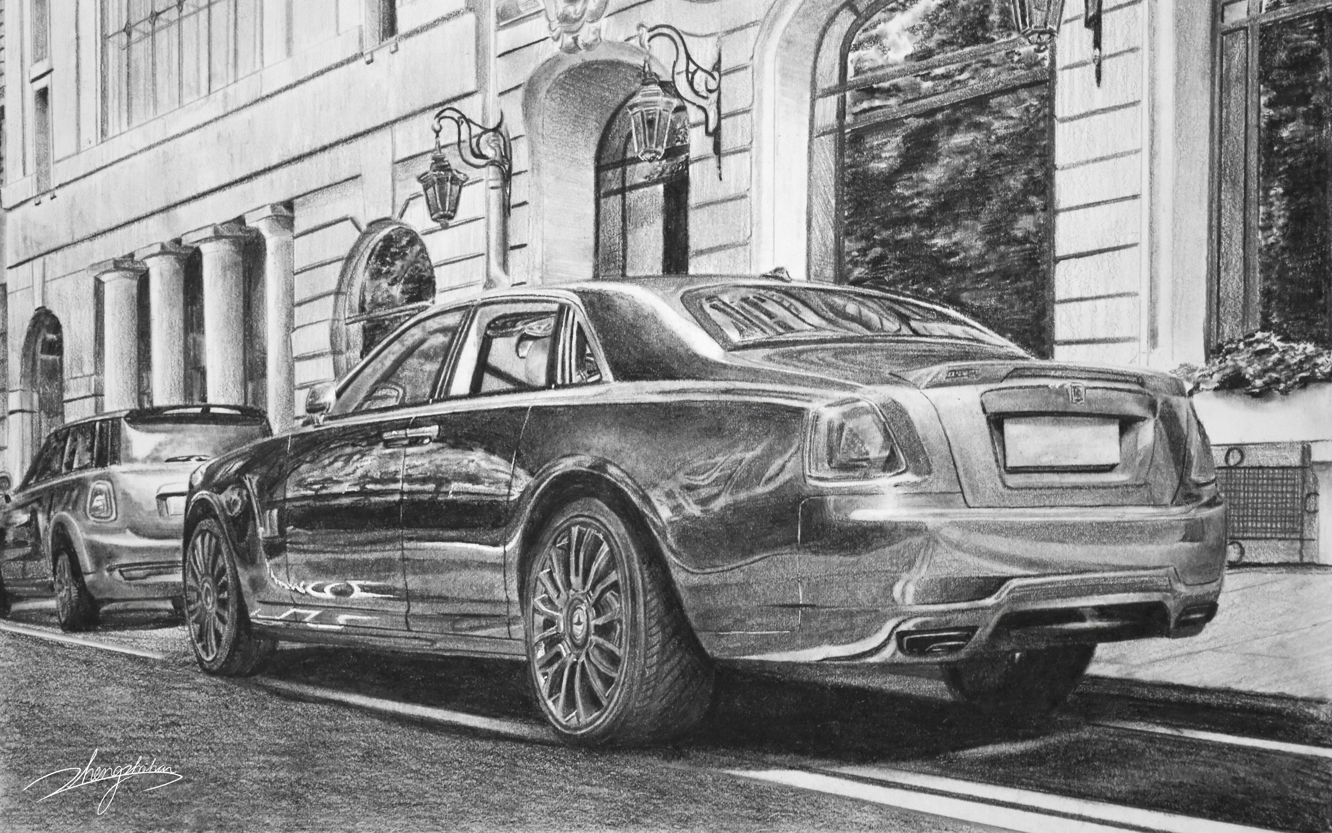 纯铅笔画街景 劳斯莱斯 古斯特 rolls-royce ghost