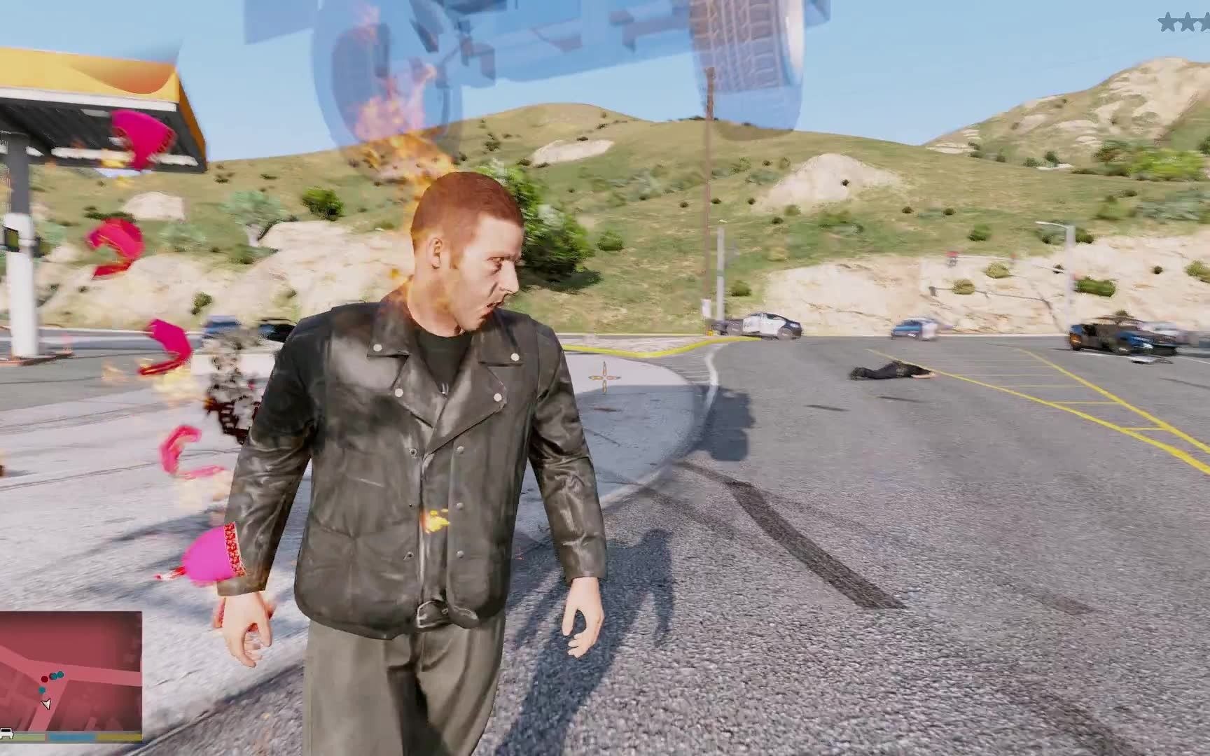 gta5洛哥变身恶魔骑士在马路上狂飙用铁链把警察甩飞
