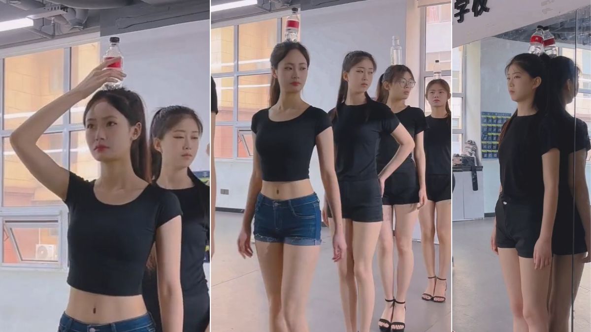模特航服学生日常训练 穿高跟鞋顶水瓶“罚站”看谁的总掉下来