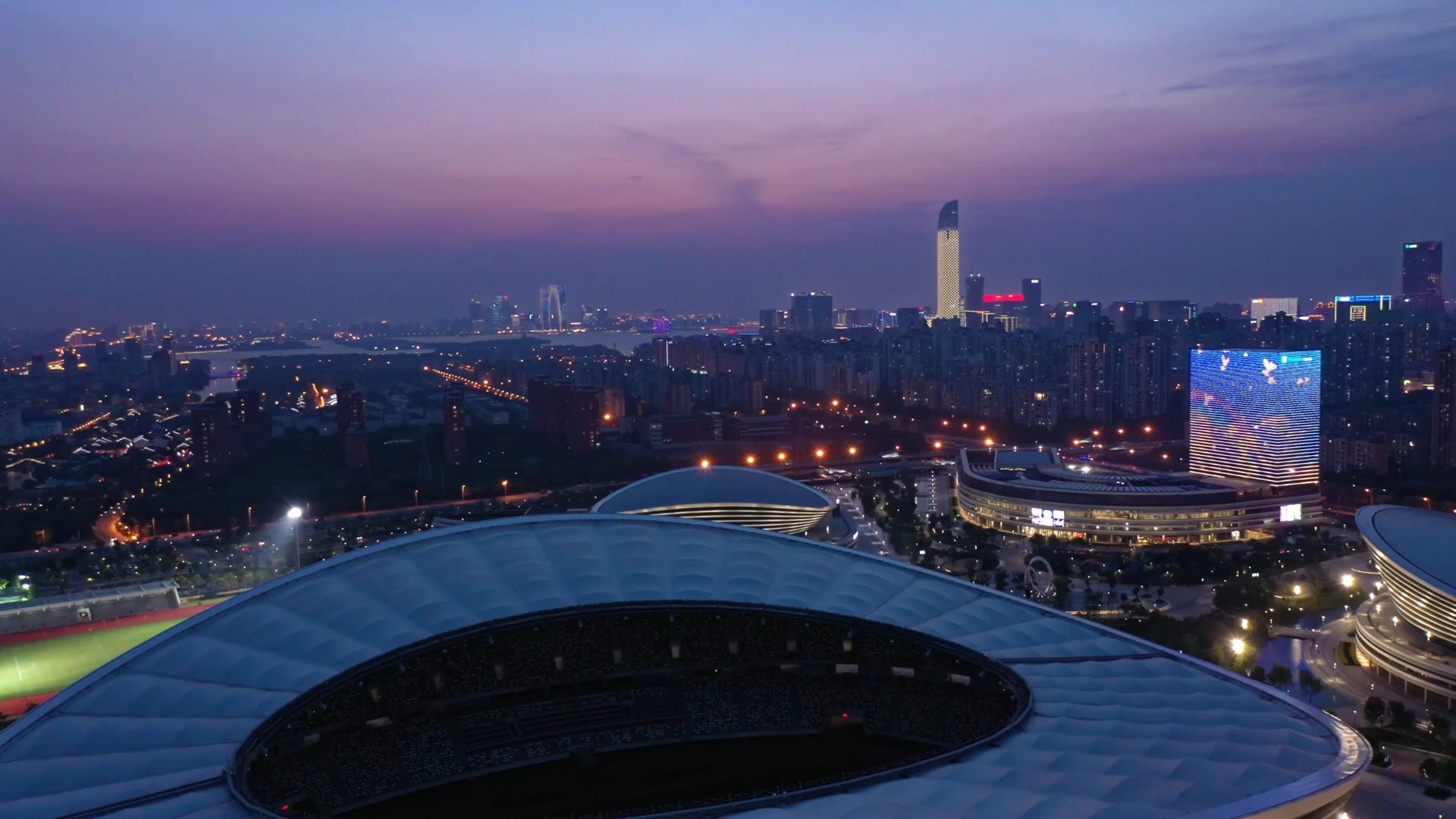 航拍苏州奥体中心夜景