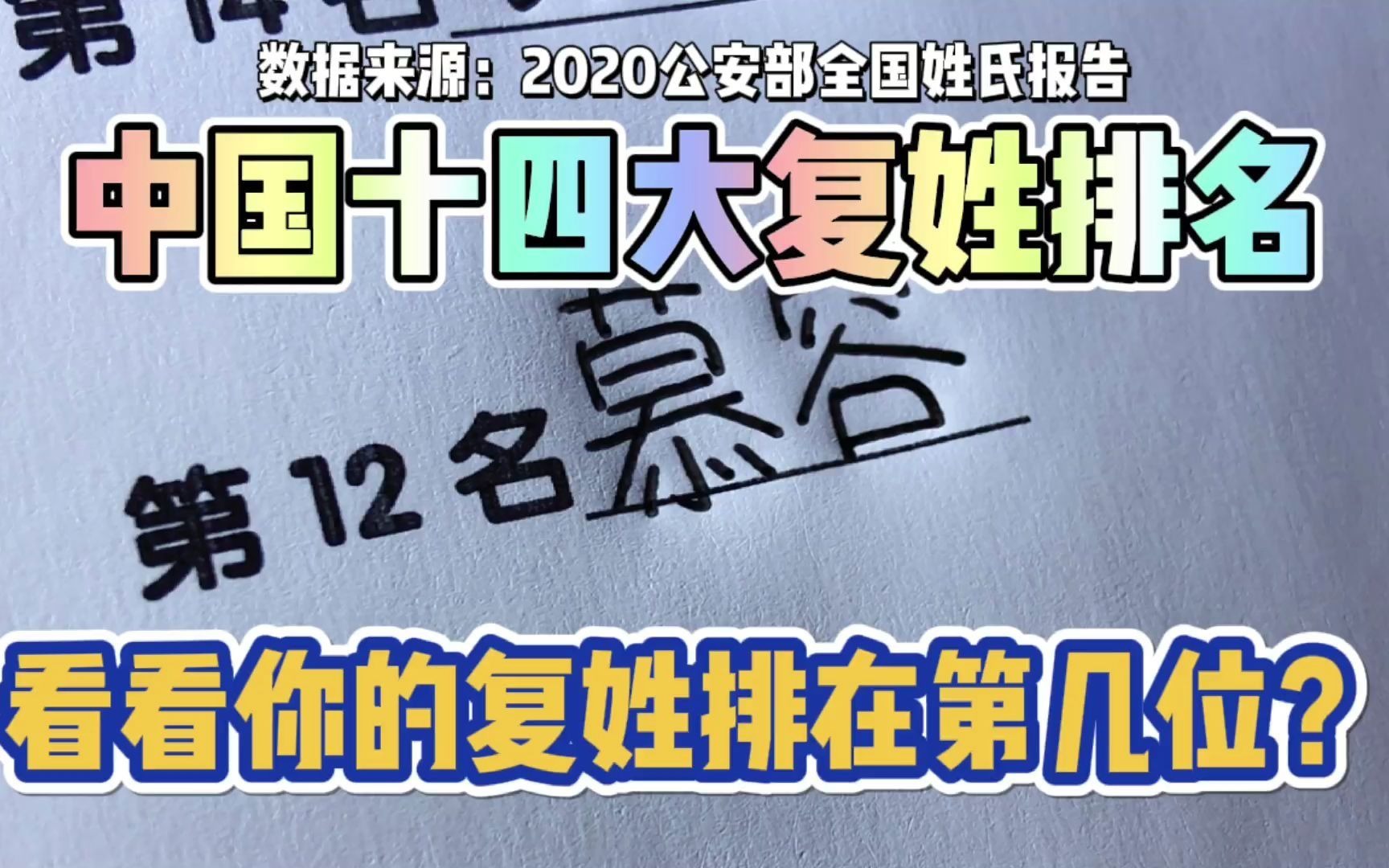 中国人口14大复姓排名数据来源2020公安部全国姓氏报告