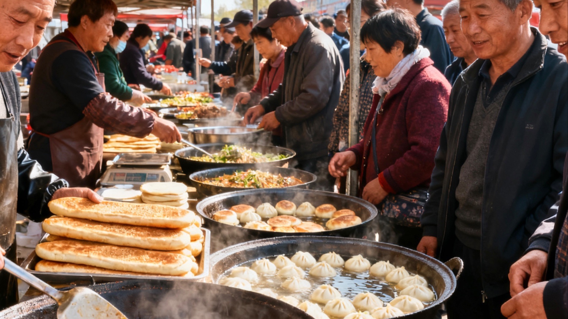 中国山东赶大集，费县大集热闹非凡的美食体验