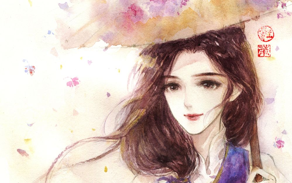 【水彩手绘】撑伞林月如,从草稿到线稿及上色完整版,又名{和脱胶水彩