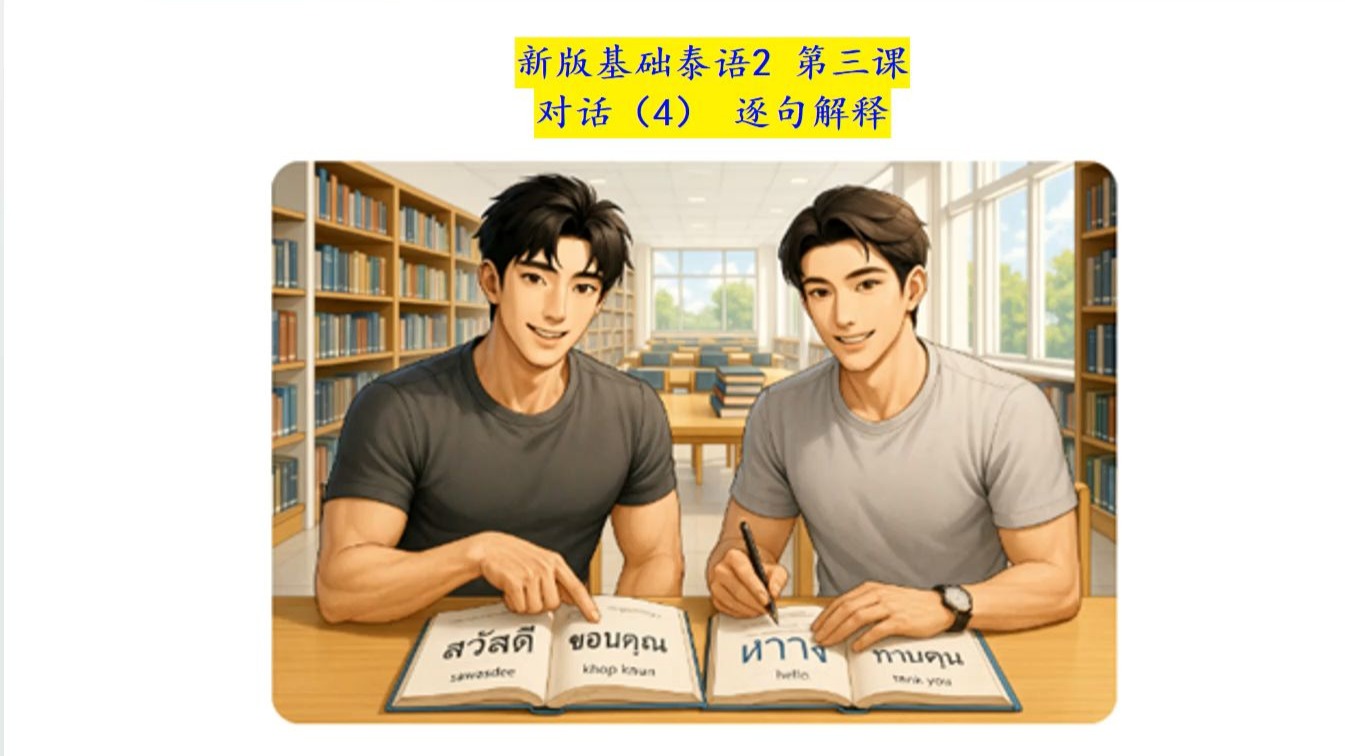新基泰2 第三课 对话句子(4) 以全新的方式来学习基础泰语2 新版。泰国老师的纯正泰语发音，带读并以泰语解释每一个单词、句子的拼读、意思及用法。