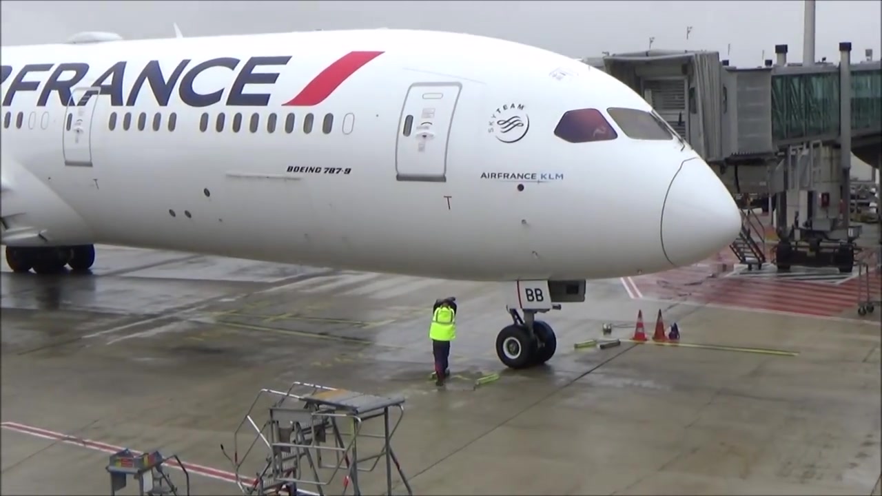 法航波音787在戴高乐机场(cdg)装载行李和后推