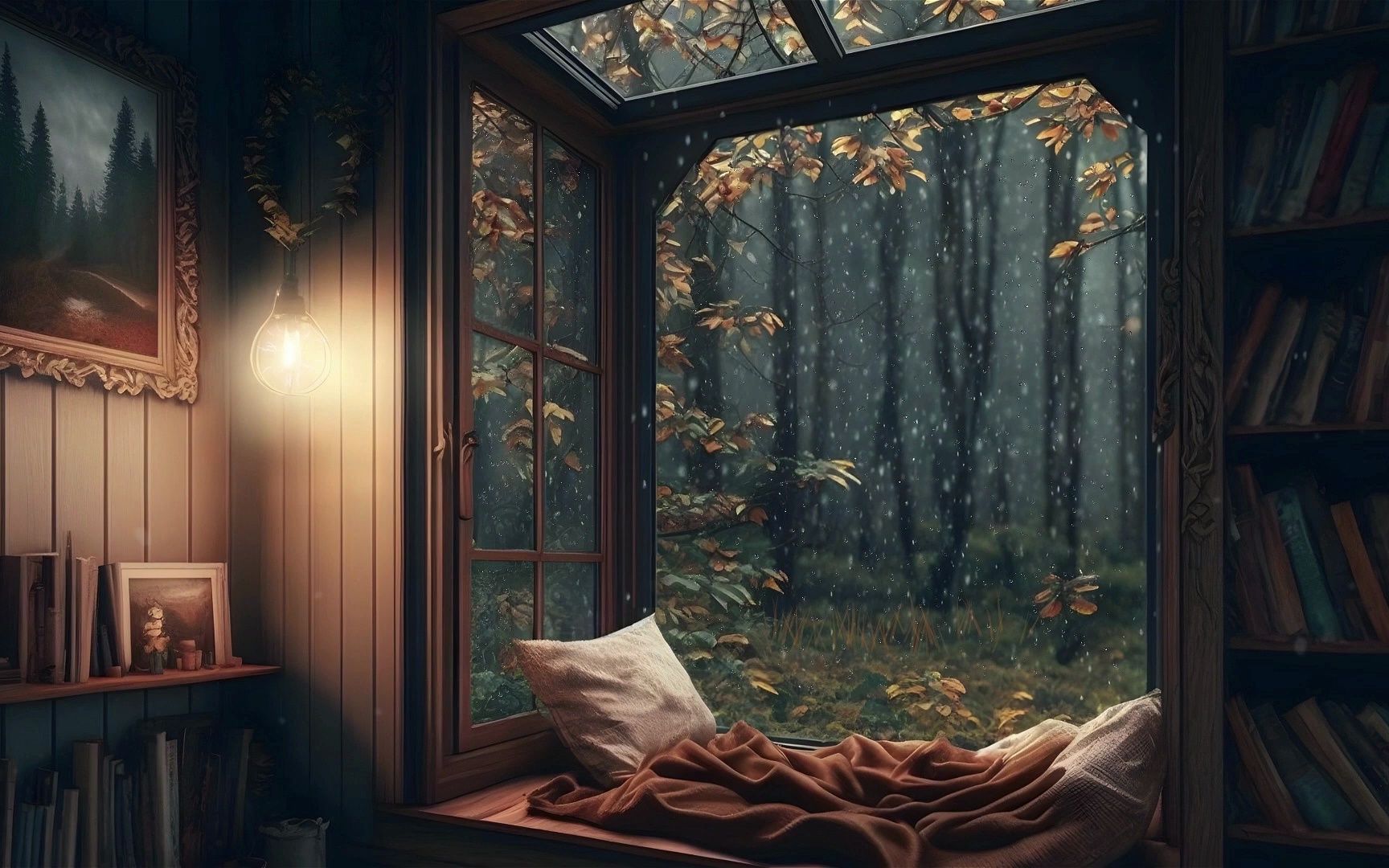舒适的阅读角落 氛围 📚🌧 大雨打在窗户上的声音