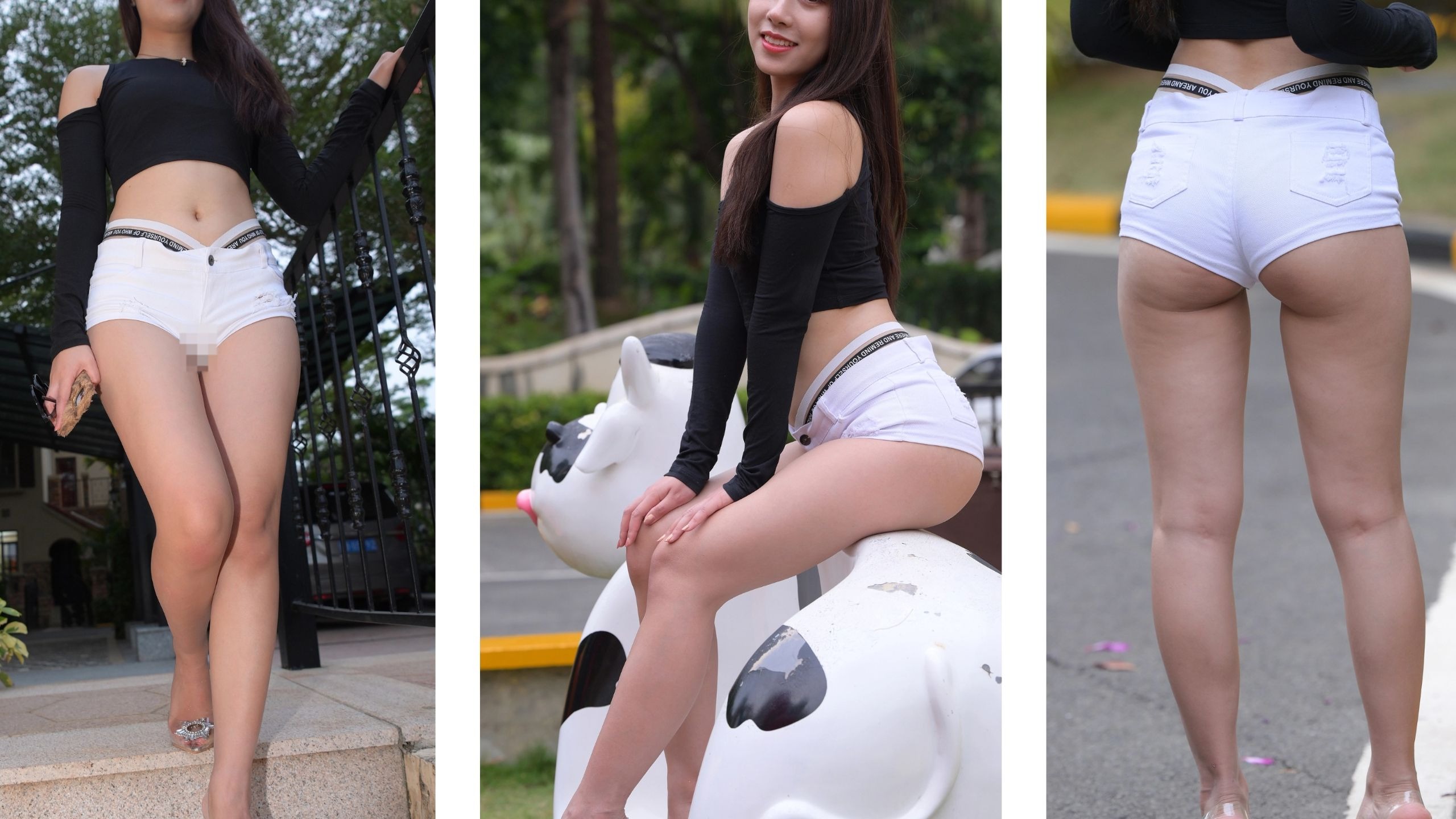 白色短裤 透明高跟鞋 露脐长袖