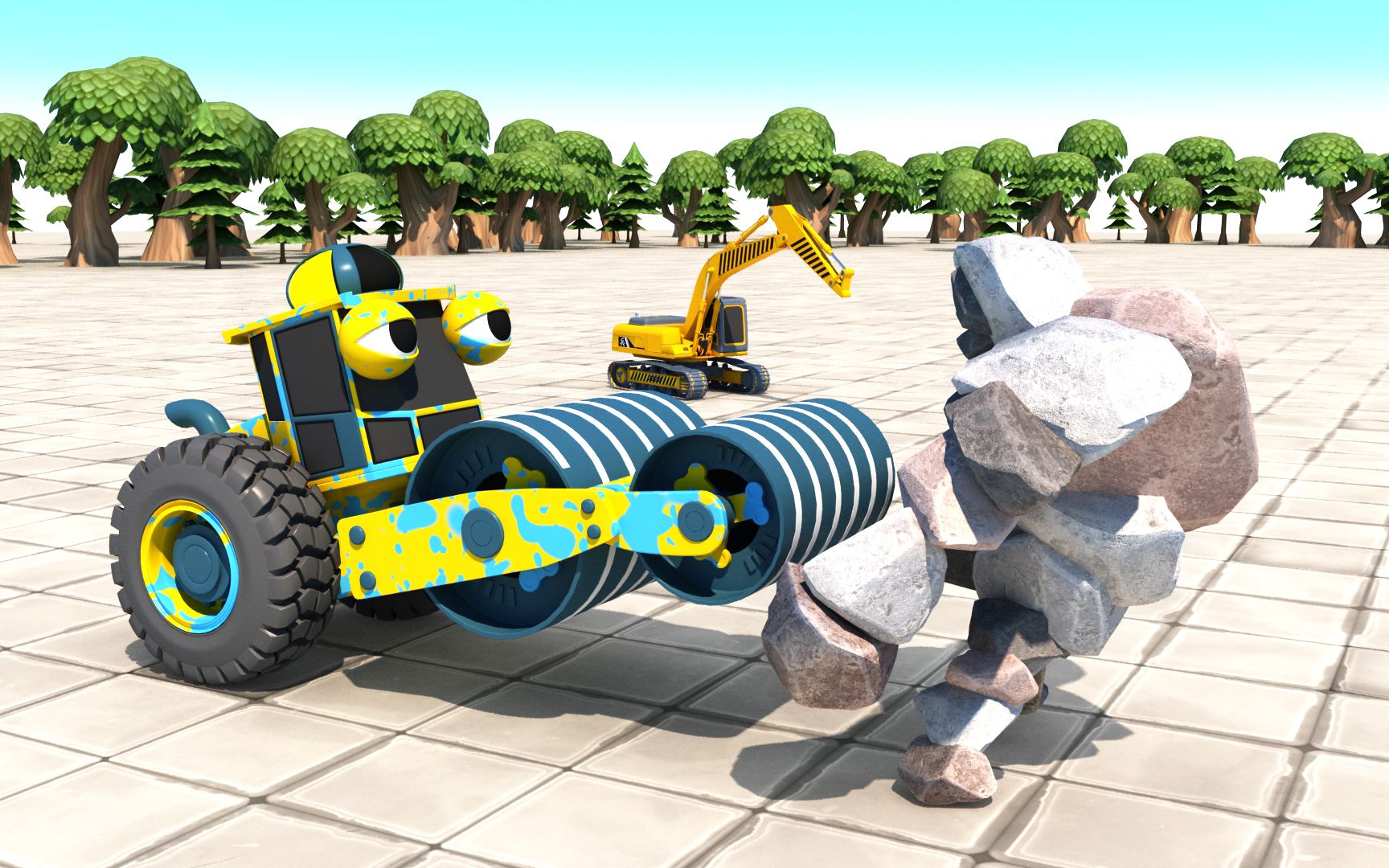 压路机大战石头人、少儿挖掘机工程车玩具动画片幼儿启蒙益智动画