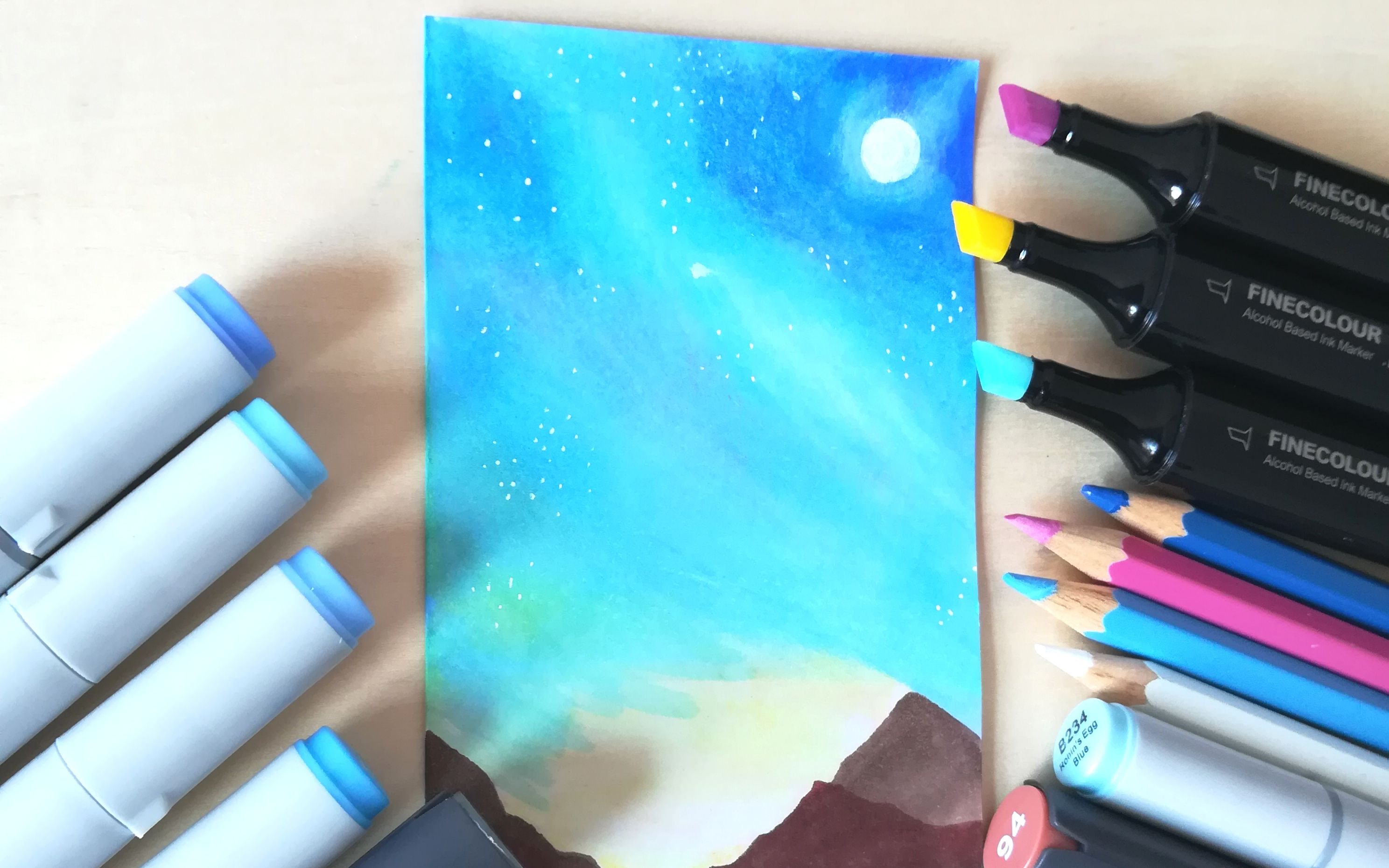 【马克笔星空】用硬头马克笔和彩铅画一张简单的星空书签