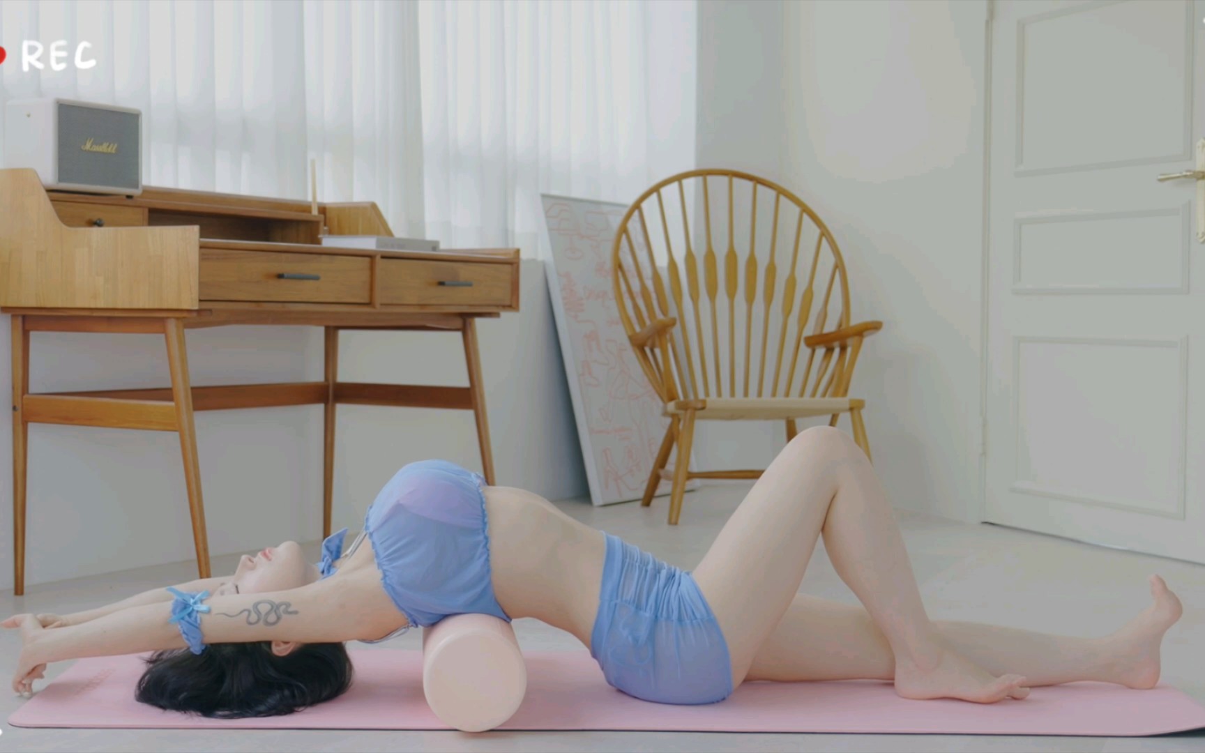 Cousin practicing yoga at home, cousin's body is so soft