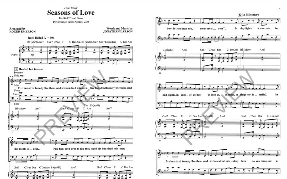 “Seasons of love” SATB Choir 混声合唱乐谱-选自音乐剧《RENT/吉屋出租》