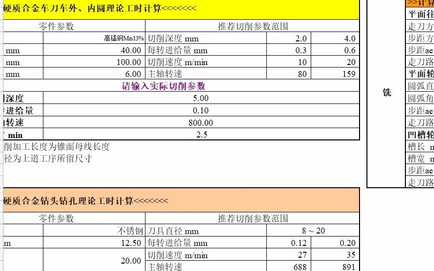 各种加工工时计算表Excel