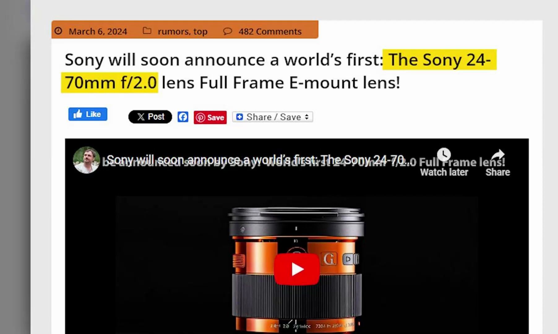 索尼推出全球首款 24-70mm f2.0 镜头