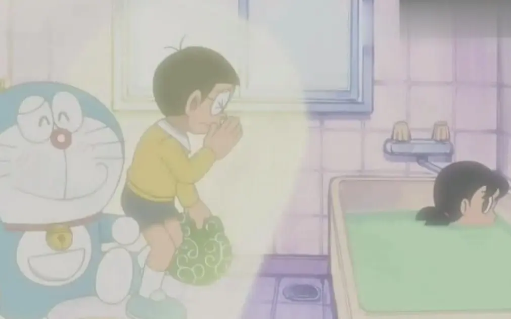 大雄走光线道路帮妈妈送东西，恰巧经过了静香的浴室