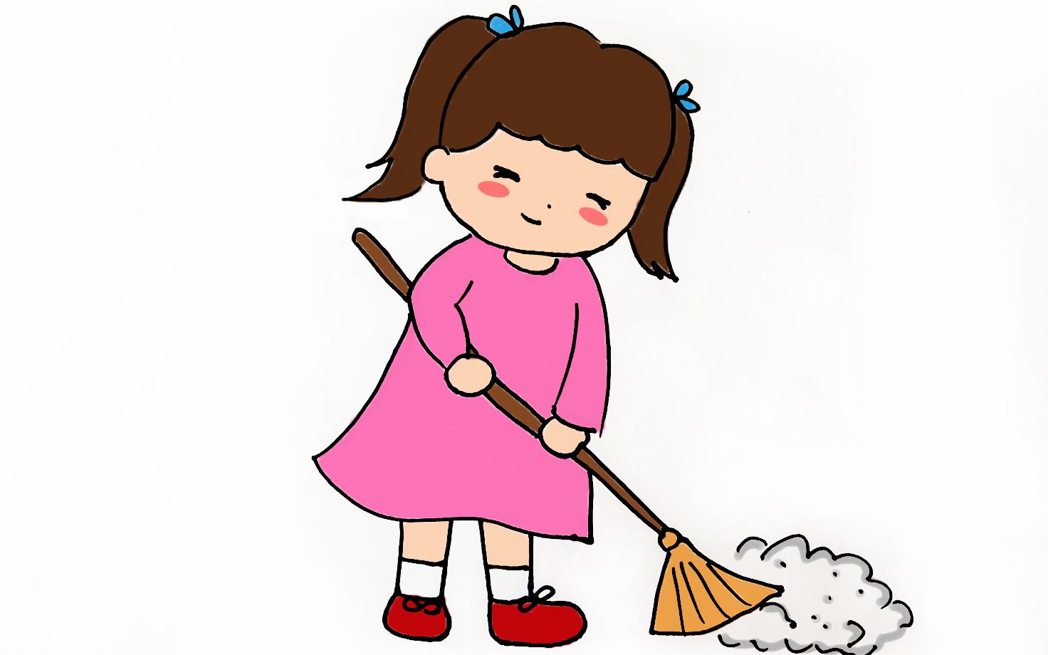 春节一起大扫除学画勤劳的扫地小女孩简笔画
