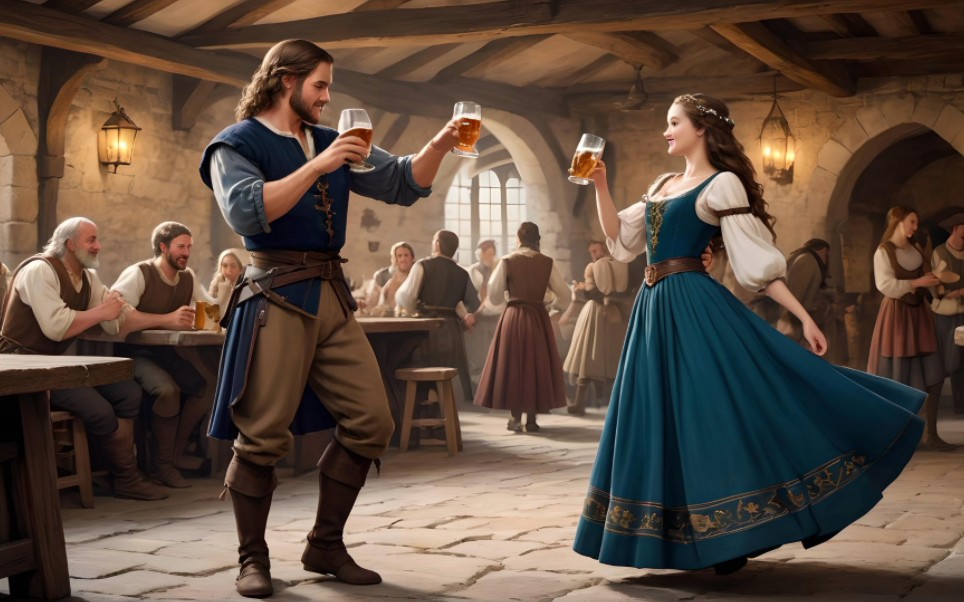 【凯尔特风格音乐】在中世纪的小酒馆里，一对男女随着悠扬的旋律翩翩起舞，吸引了众人的目光