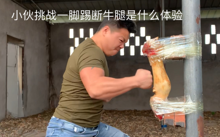 铁腿小伙挑战一脚踢断牛腿是什么体验，到底是牛腿硬还是人腿硬