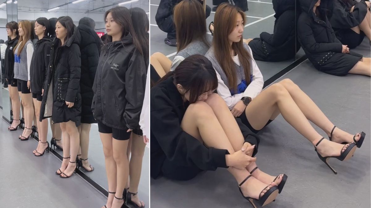 模特生日常训练 穿羽绒服先"罚站"20分钟 腿和脚不冷吗...