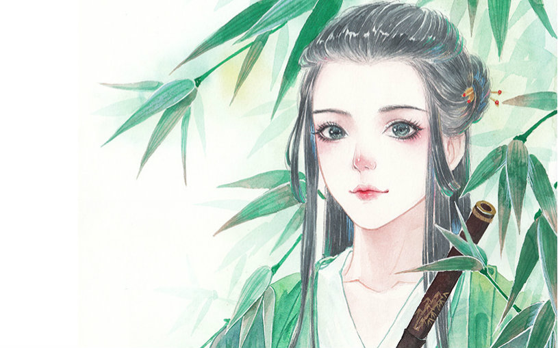 【手绘】大花手绘—古风水彩竹林少女