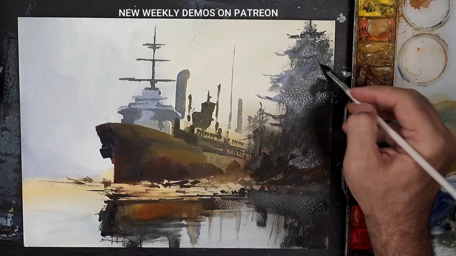 如何用水彩画一艘古老的船——壮丽的港口景色教程 -- Javid Tabatabaei