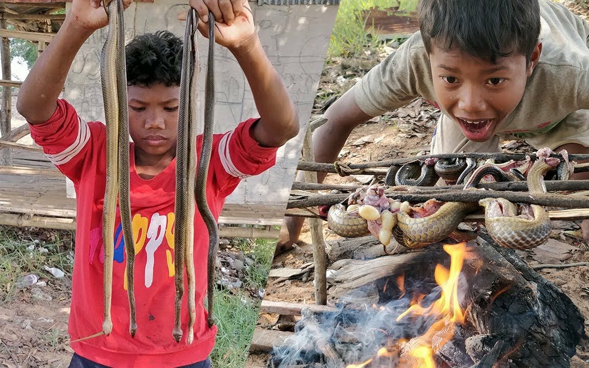【柬埔寨日常】俩小男孩烤蛇肉-做午餐