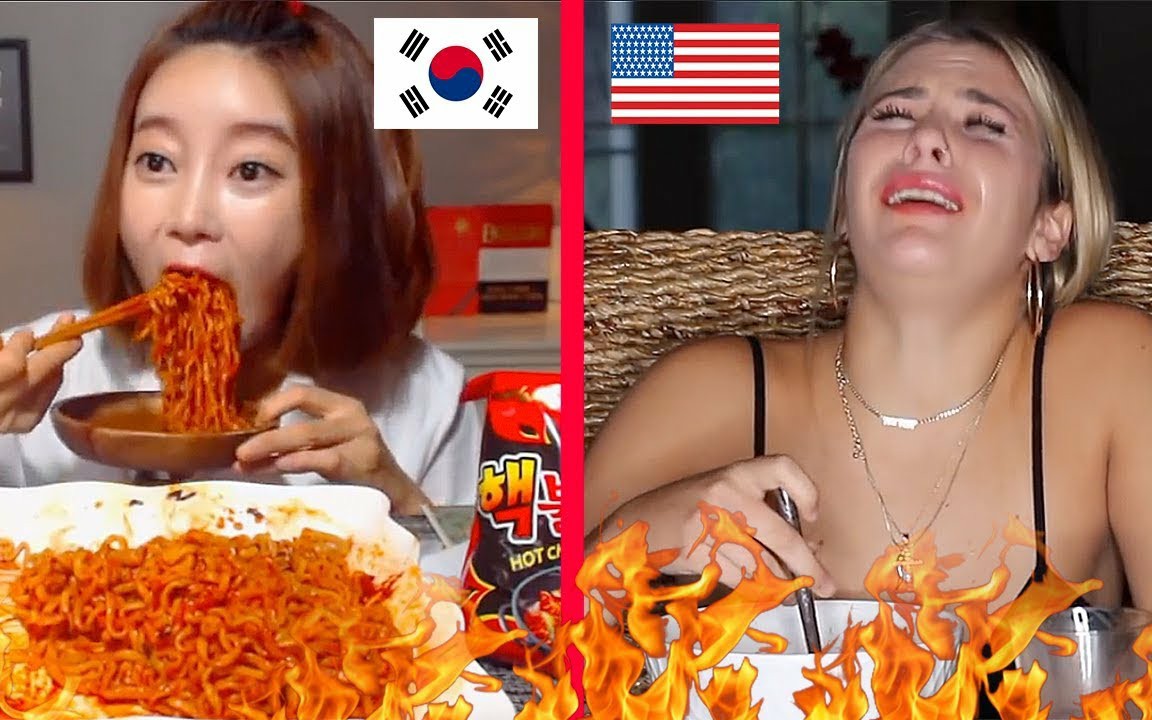 韩国人吃辣火鸡面vs非韩国人吃辣火鸡面|第二个绿嘴唇阿姨用五官抗拒辣味