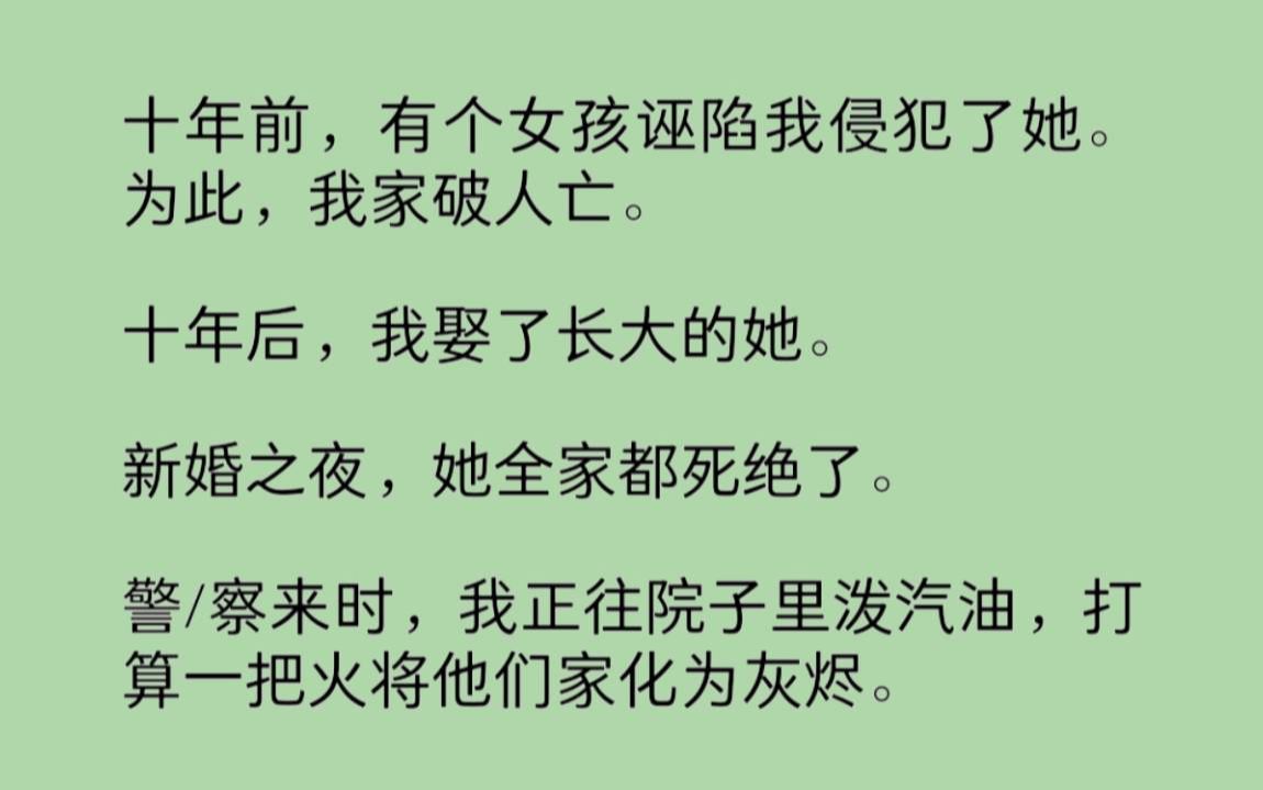 十年前，有个女孩诬陷我侵犯了她。为此，我家破人亡。十年后，我娶了长大的她。新婚之夜，她全家都死绝了。警/察来时，我正往院子里泼汽油……