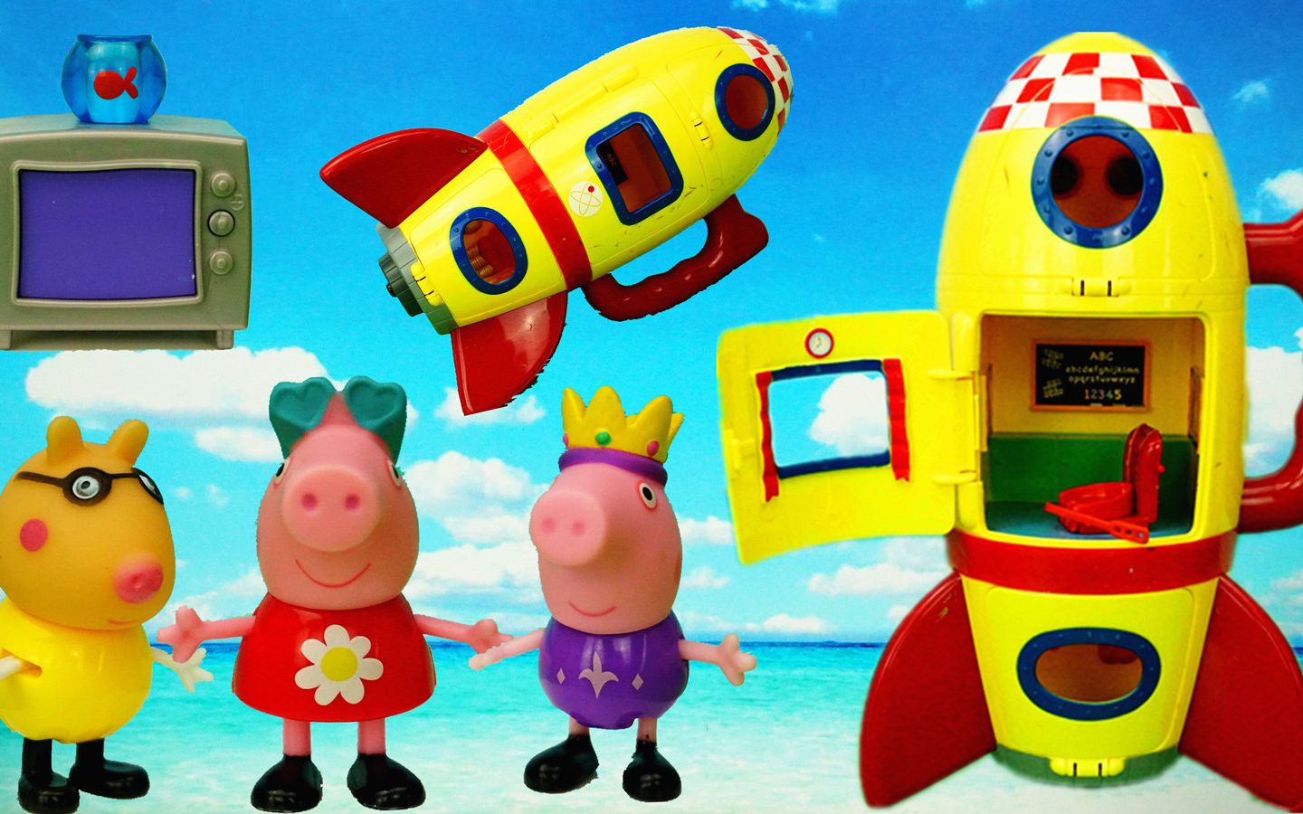 小猪佩奇和小伙伴们坐火箭飞船遨游太空儿童玩具