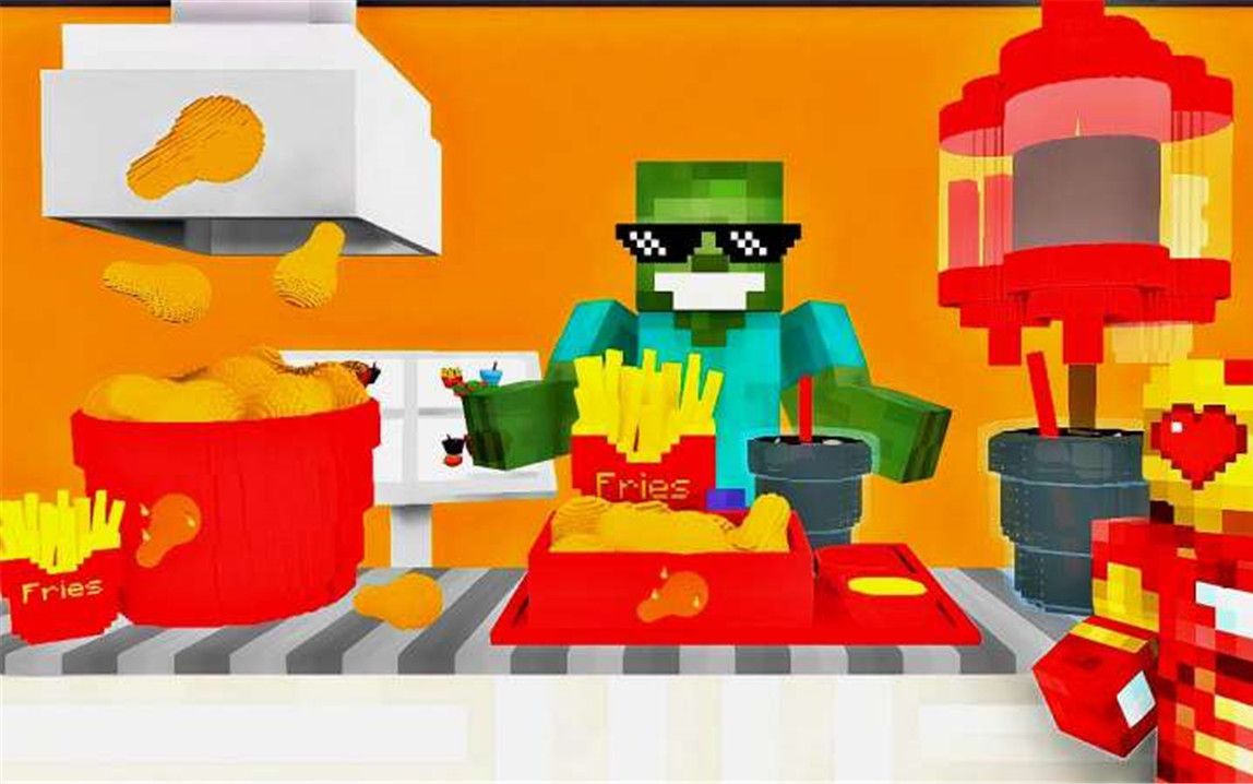 MC动画：怪物学校《在炸鸡店工作》，史蒂夫品尝变态辣炸鸡耳朵直冒烟！