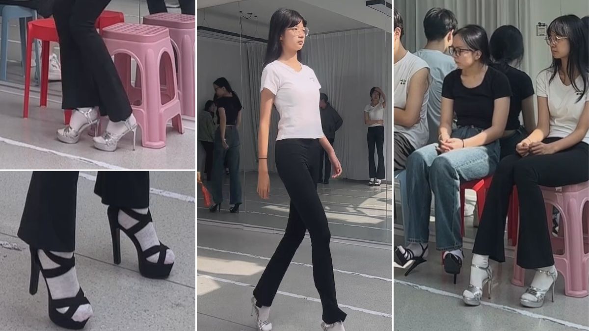 模特生日常训练 自备高跟鞋练习走台步 轮流上