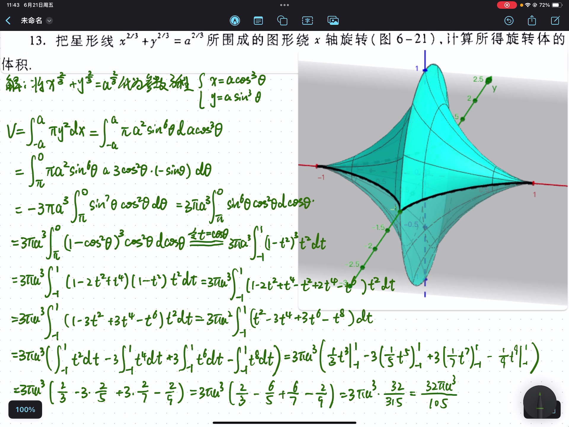 【立体几何】星形线绕x轴所得立体体积