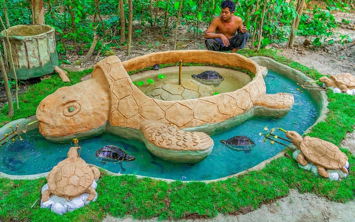从干涸之地救回的小鱼仔，在乌龟塘边给他们建造豪华鱼池，还有乌龟喷泉！【荒野TV】