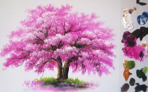 【板绘】粉色樱花树教程 acrylic paint
