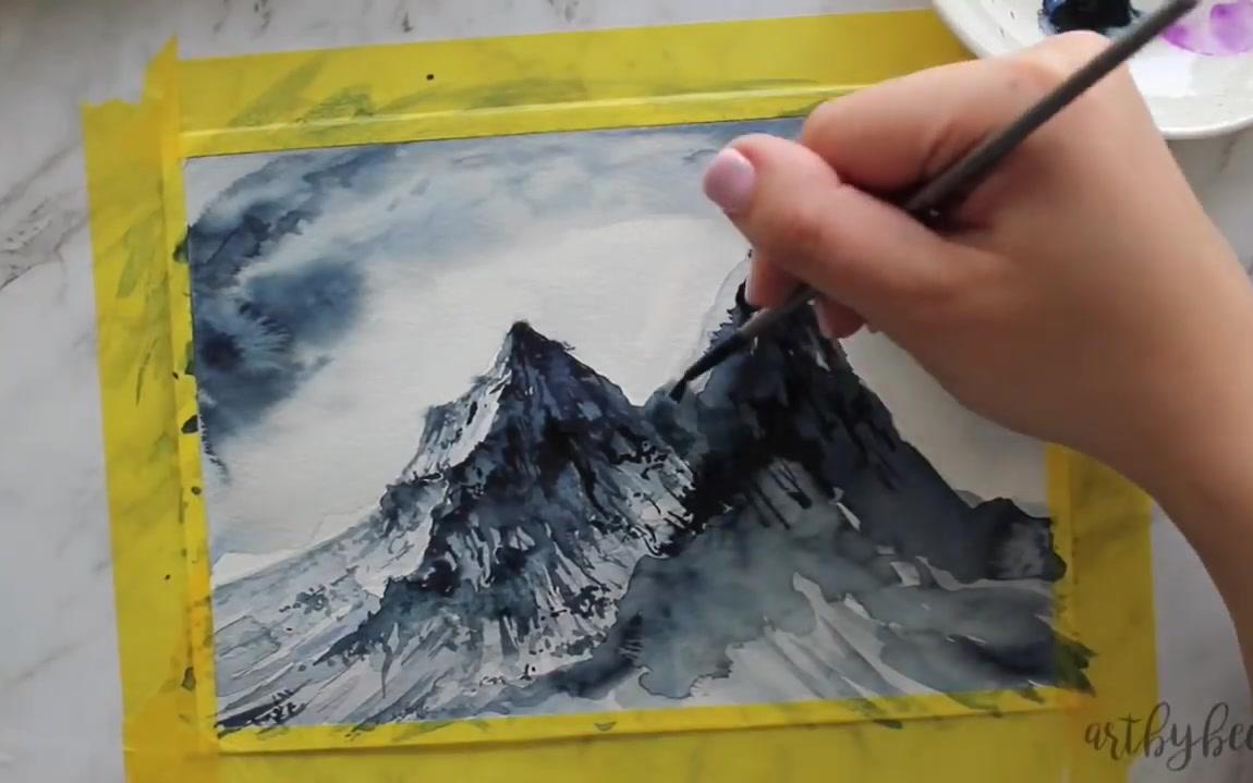 水彩水彩速度绘画山峰