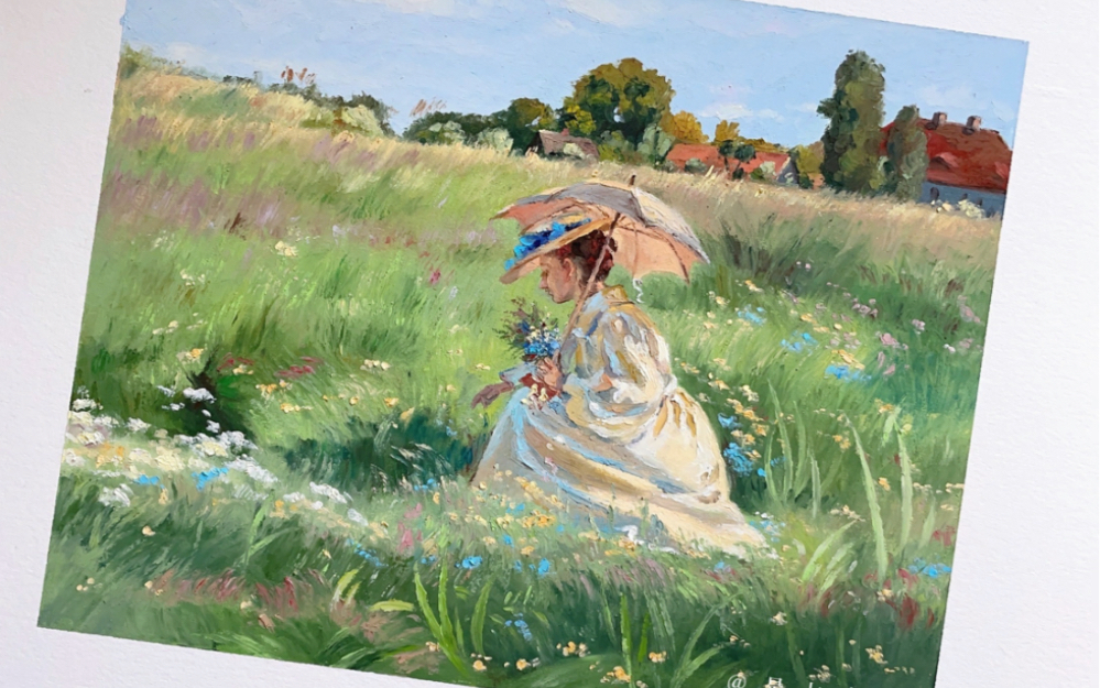 油画棒·撑阳伞采花的女人