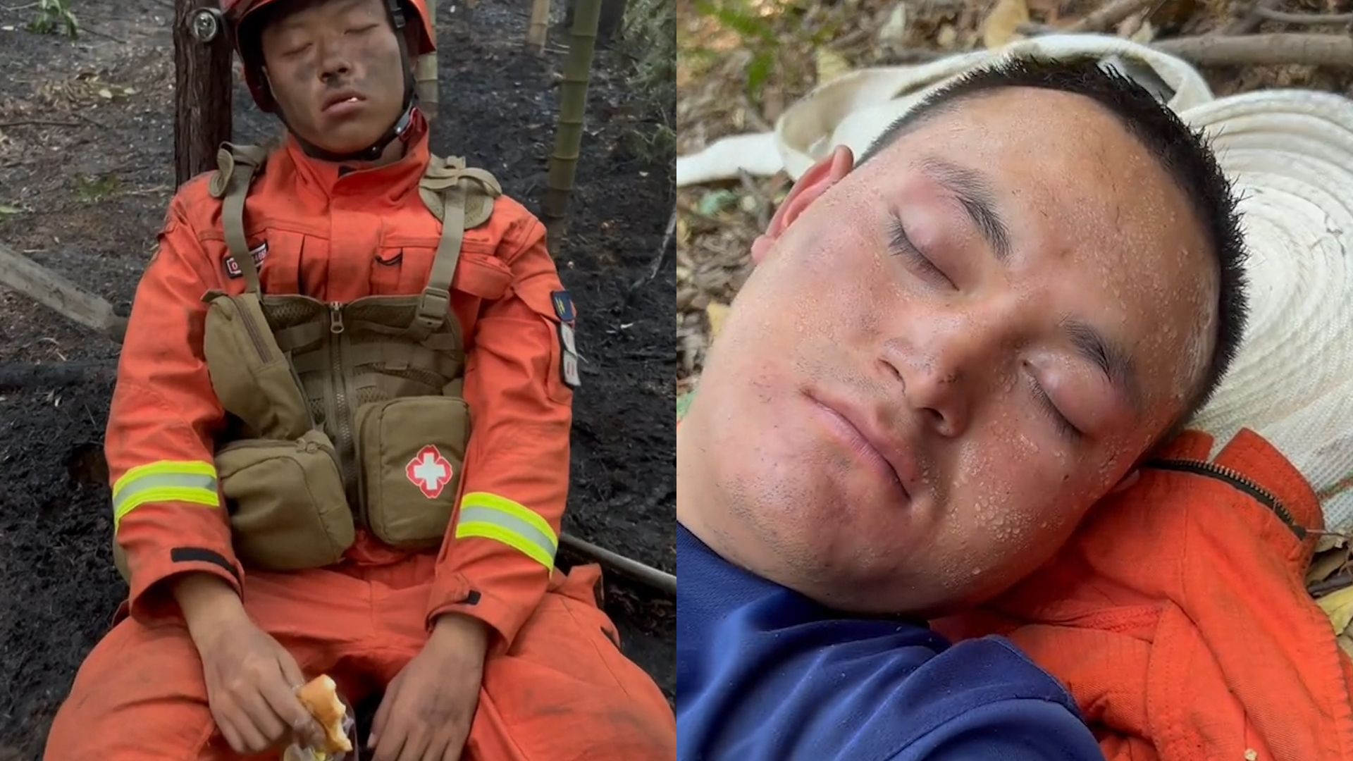 心疼！重庆山火消防员驰援 奋战11小时后拿着没吃完的面包睡着了