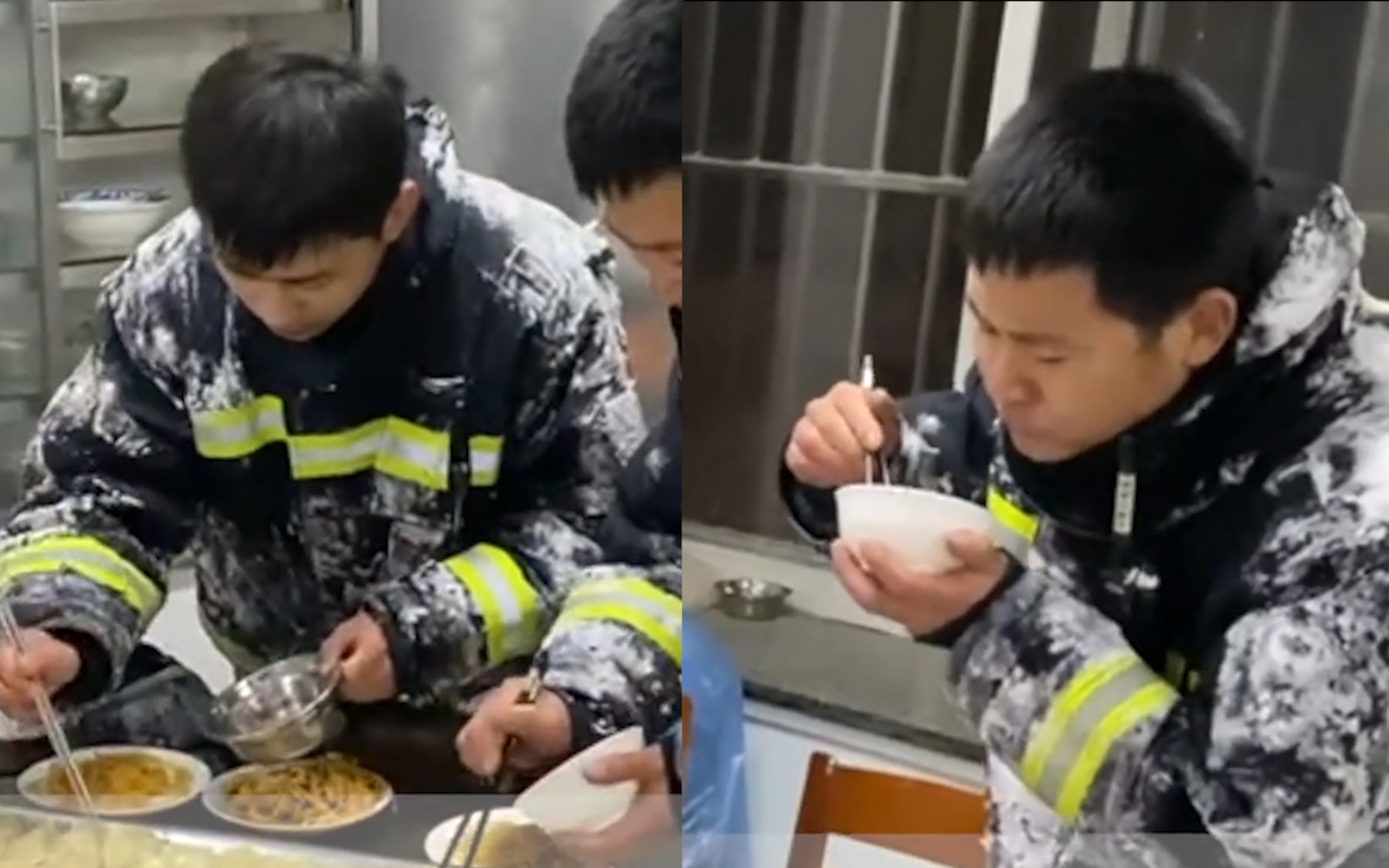 零下14°C灭火战斗后，消防员吃饭这一幕让人看着心疼