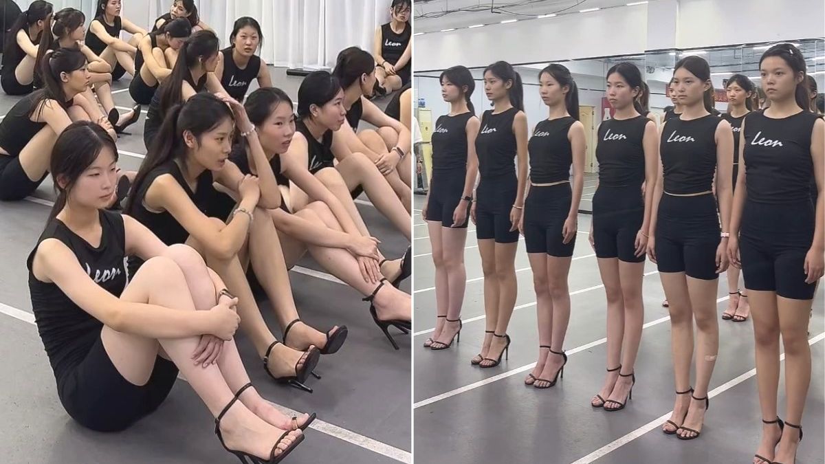 模特生日常训练 累了就穿着高跟鞋席地而坐 休息