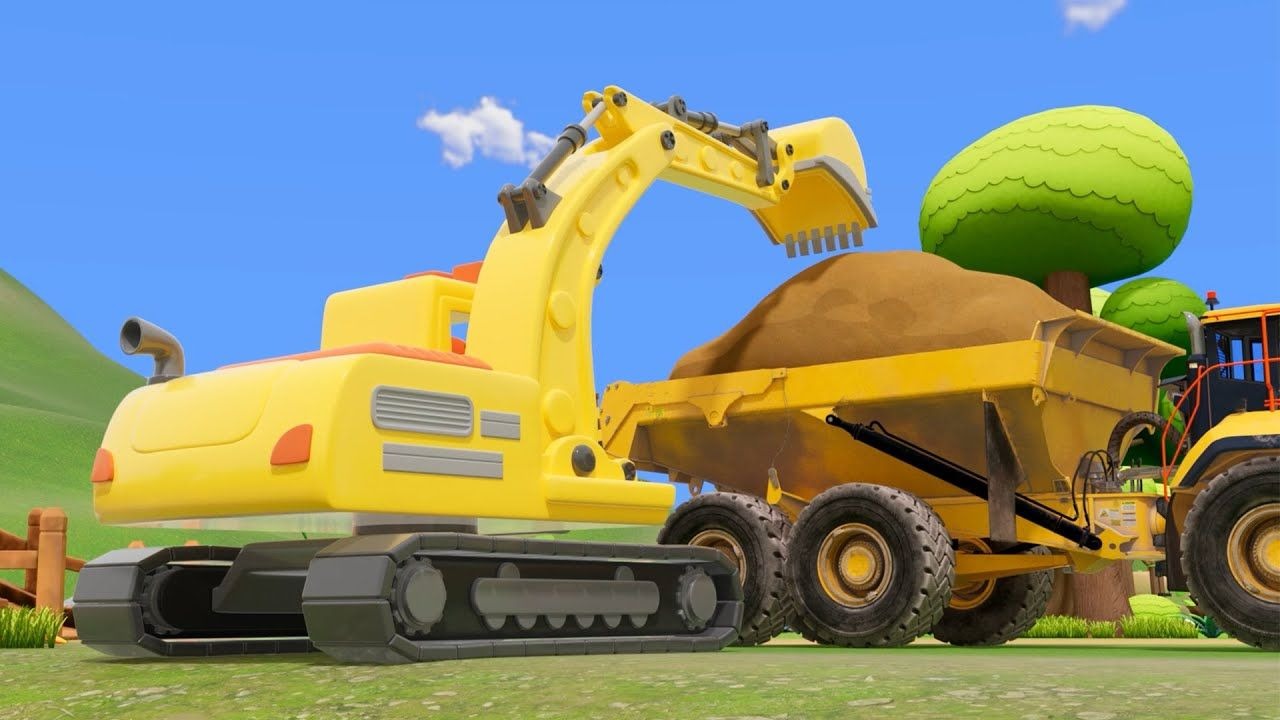 挖掘机勾起泥沙，装满运输车的车厢 早教 益智 育儿 汽车动画