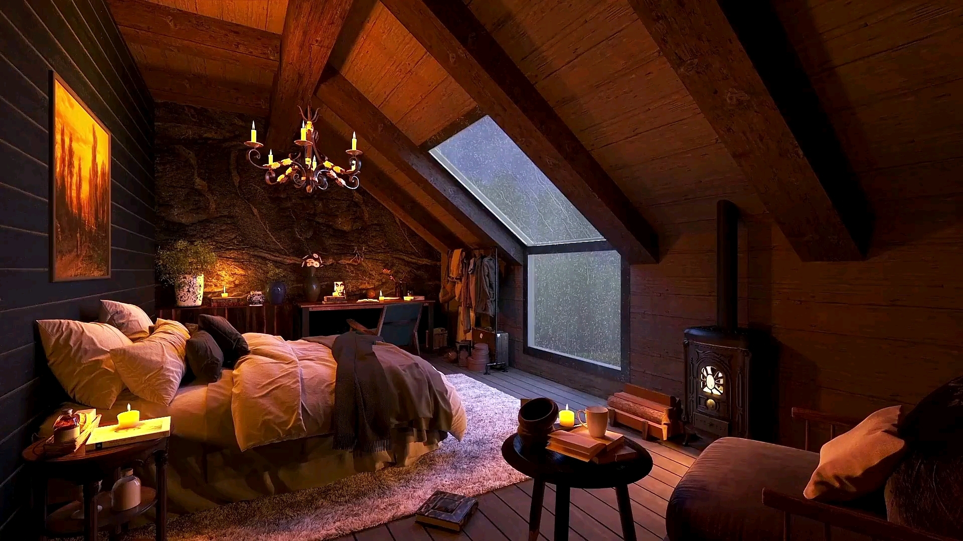 哪都不去的小屋，可以看大雨的窗户，暖暖的壁炉与大床，一个人空间