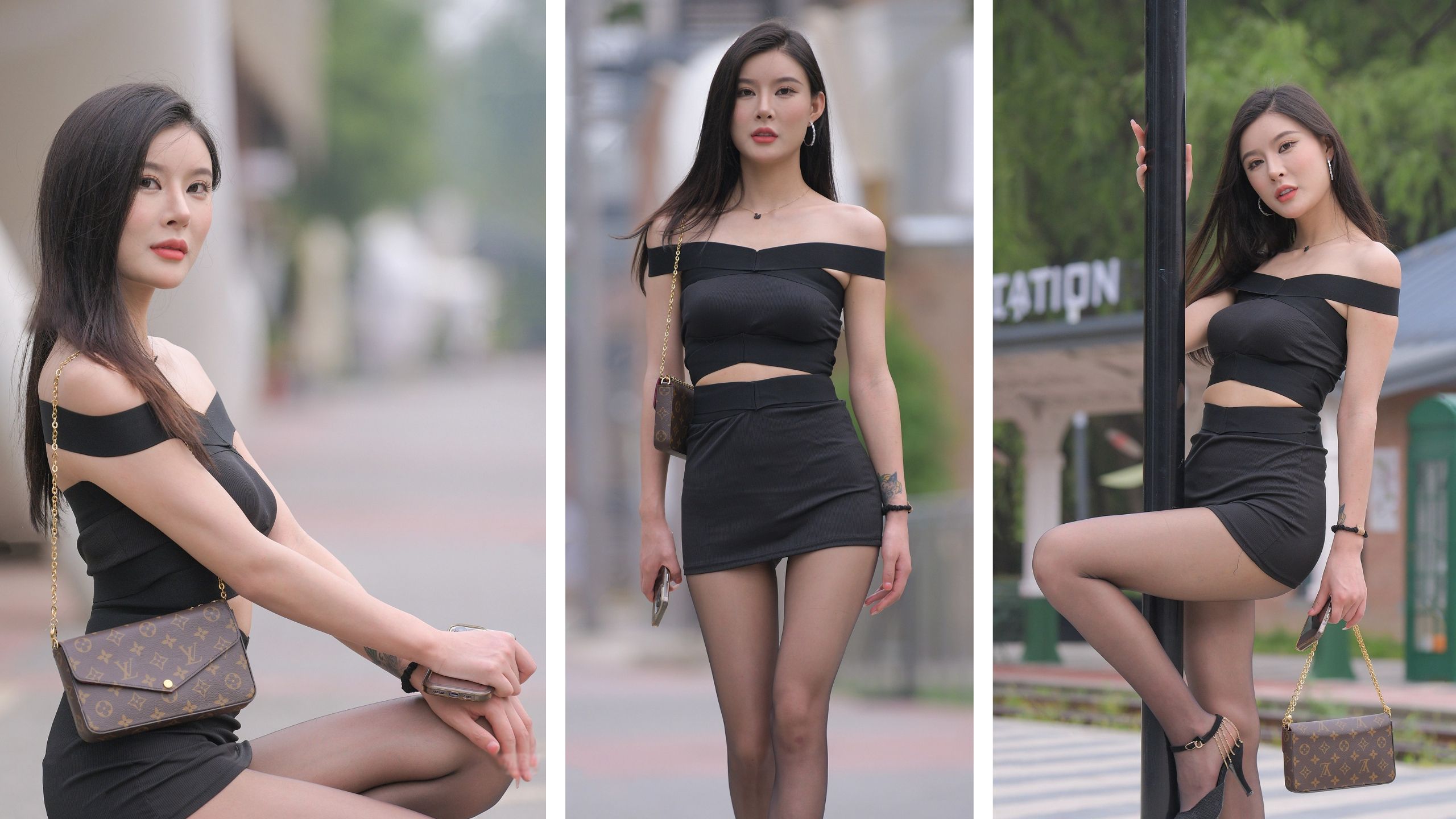 金头高跟鞋 黑丝 分体一字肩包臀裙