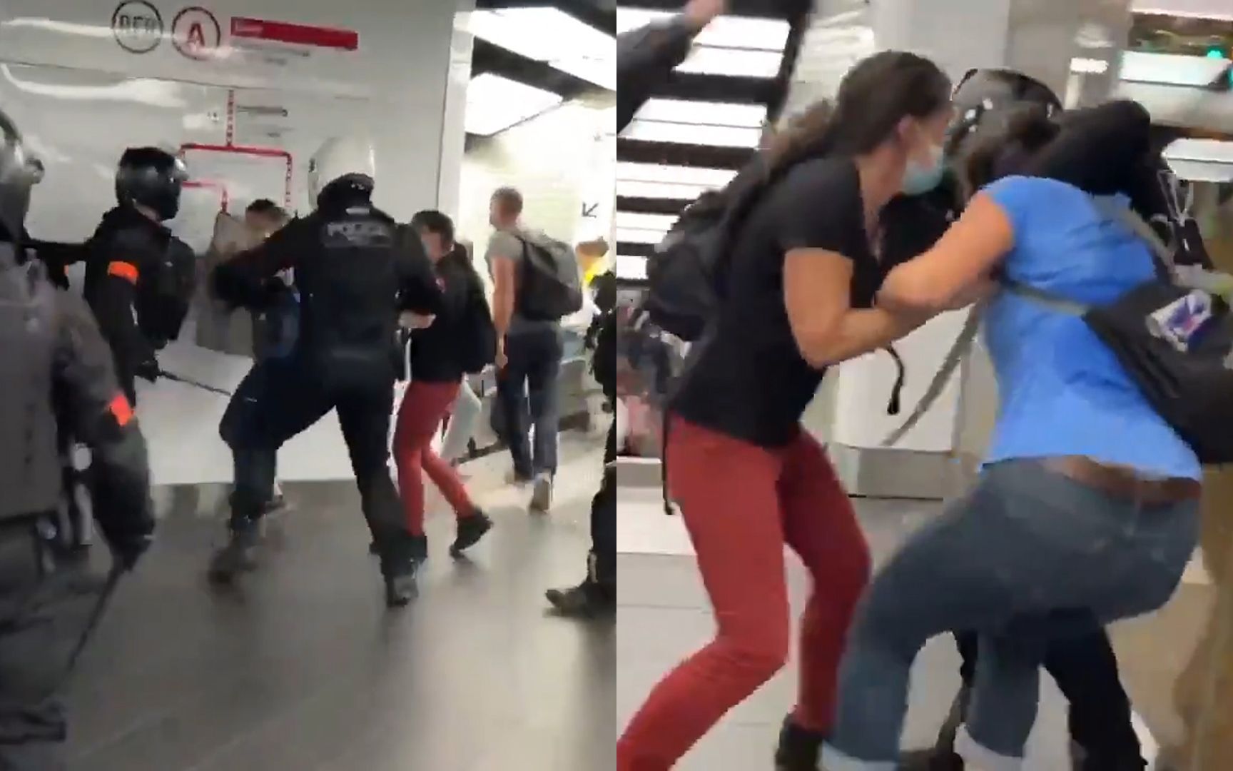 法国警察抡警棍狂抽两女子 其他人外围挡着