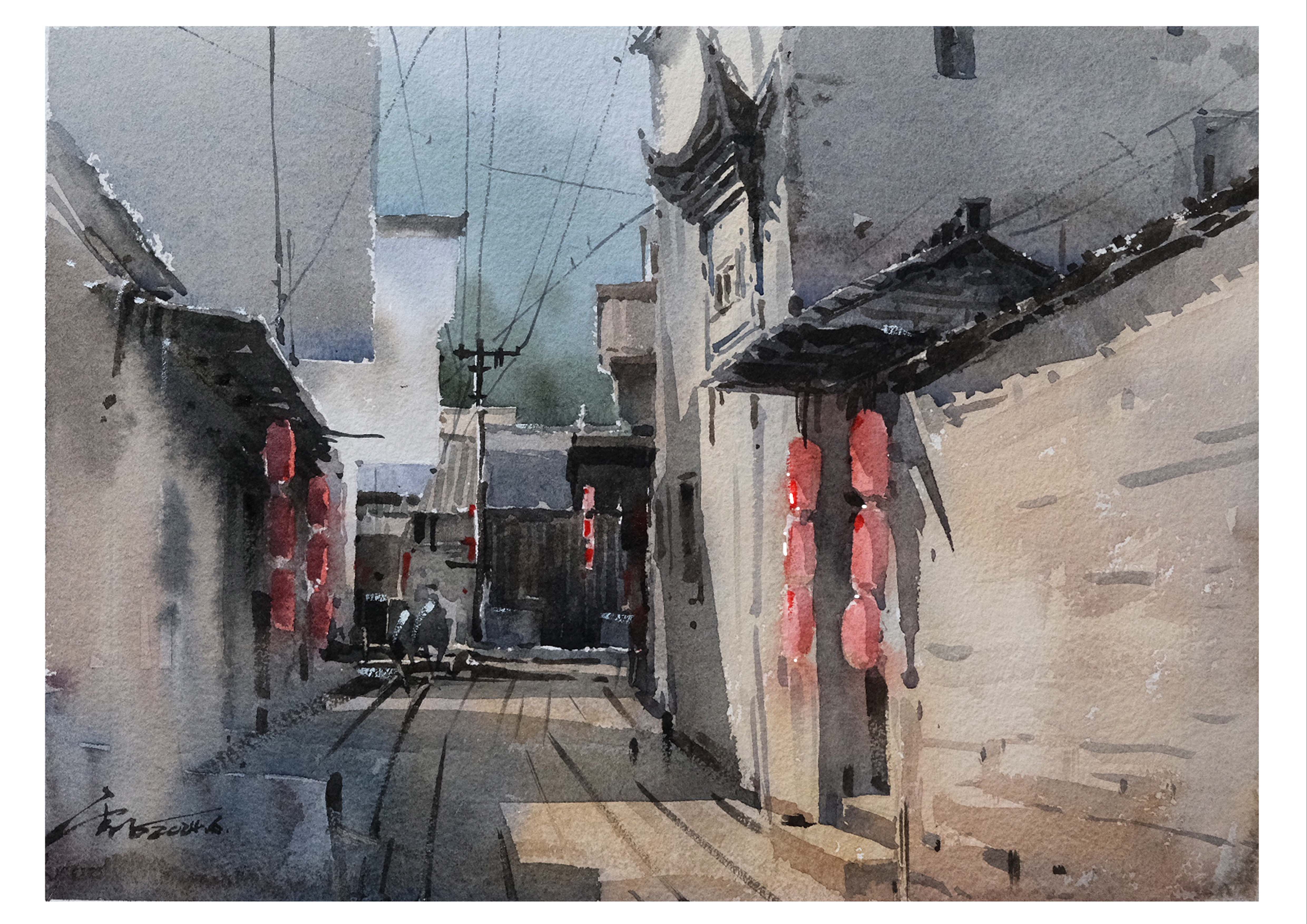 水彩画徽派建筑视频